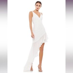 Mac Duggal White Ieena V-Neck Asymmetric Dress 0